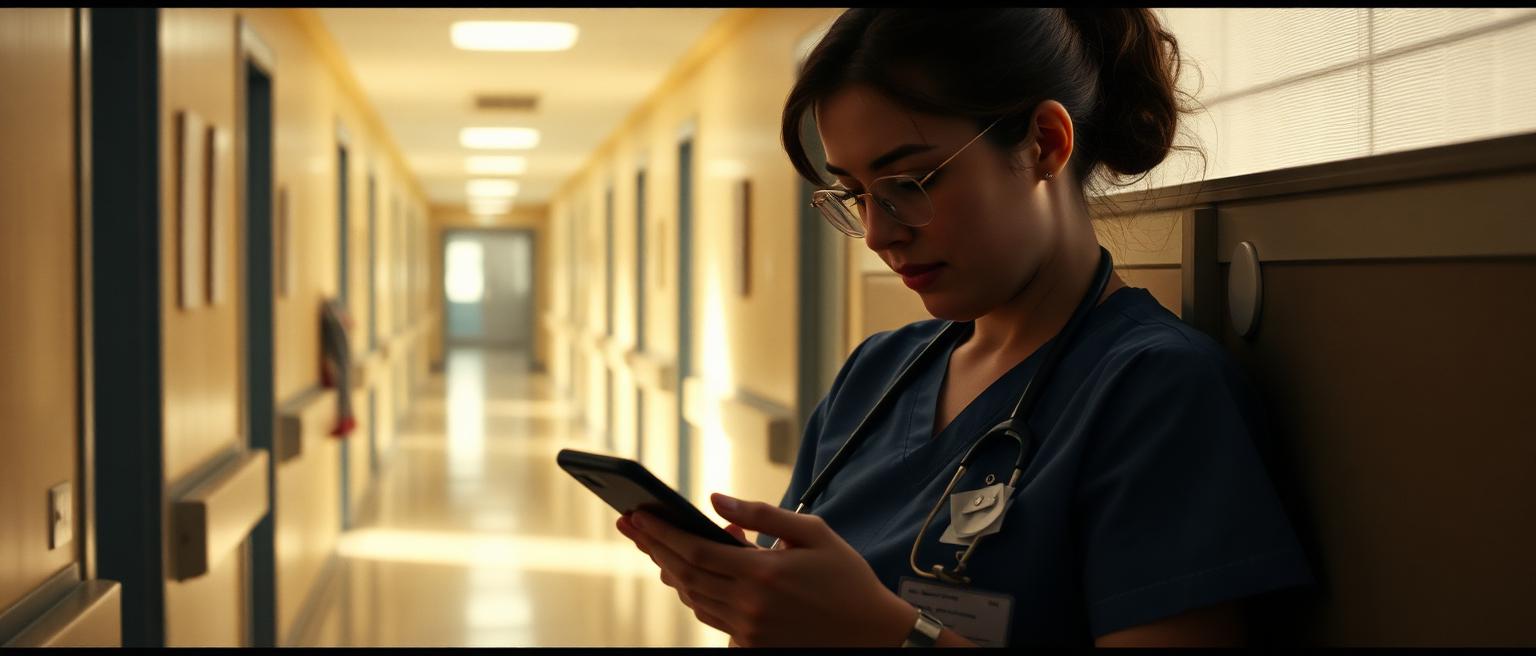A nurse reading on her phone during a break in a hospital corridor